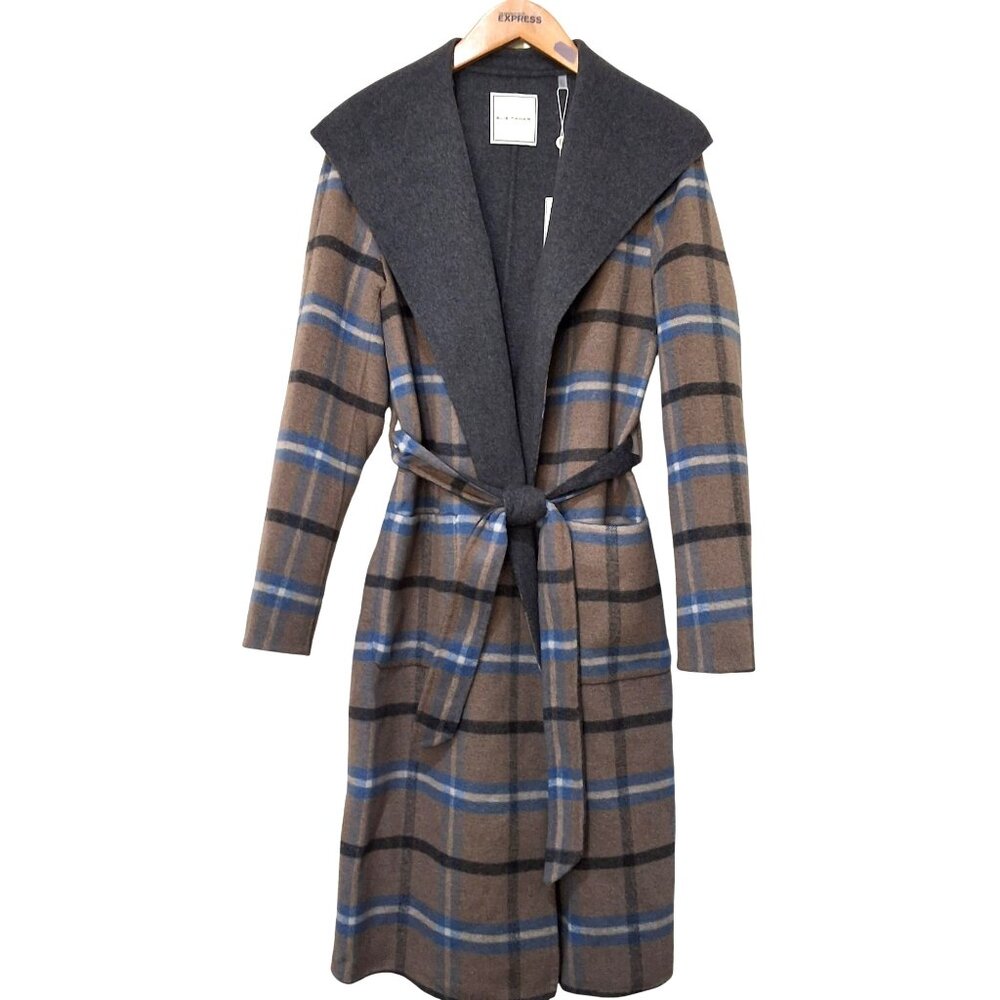 Elie Tahari Wallace‎ Plaid Full-Length Wrap Coat Womens L Cathedral Blue Preppy - Picture 2 of 7